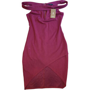 Privy Knit Bodycon Dress L Burgundy Off Shoulder Asymmetrical Hem NWT